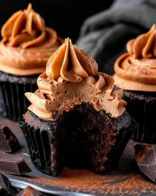 Delicious chocolate pumpkin cupcakes topped with creamy frosting and sprinkles.