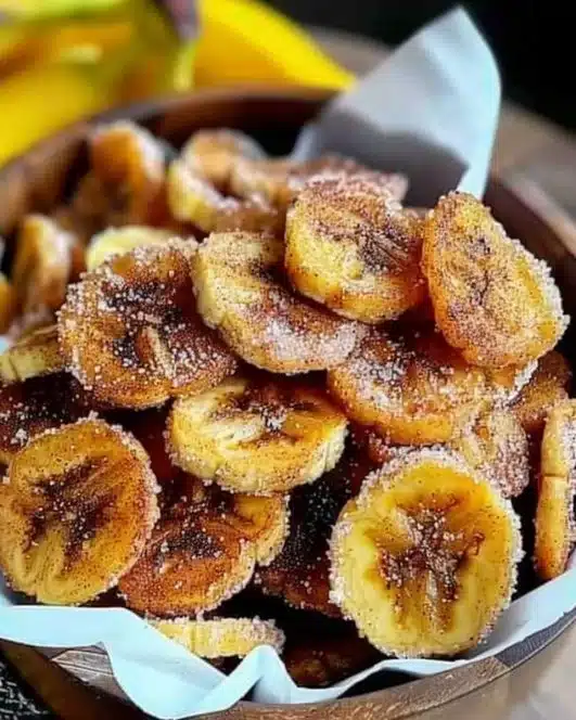 Crispy cinnamon-sugar air fryer banana chips in a bowl