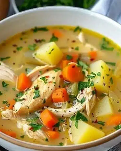 Bowl of comforting chicken soup with potatoes and herbs