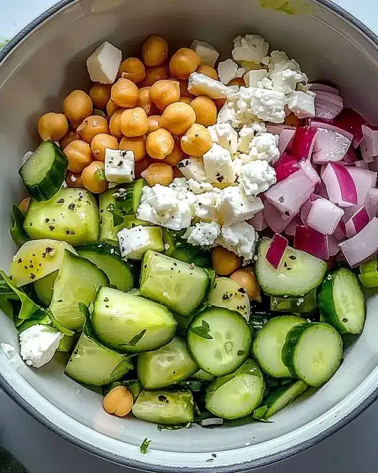 Cottage Cheese and Chickpea Salad served in a vibrant bowl with fresh vegetables