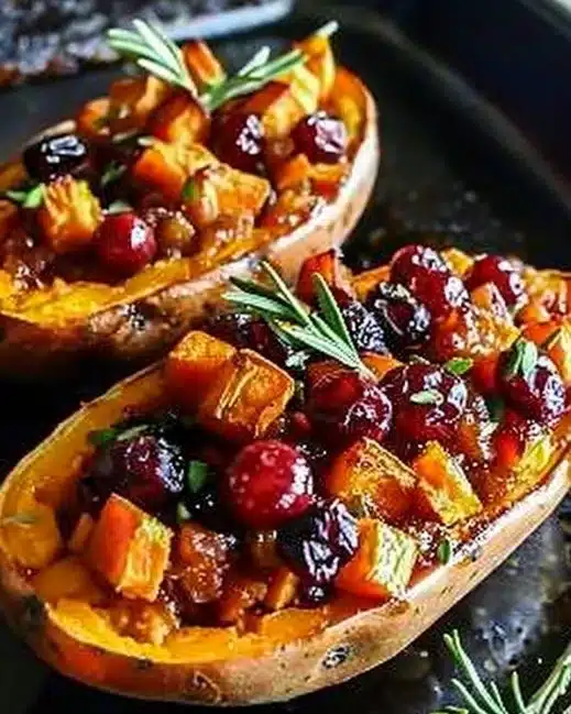 Cranberry apple twice-baked sweet potatoes topped with a sprinkle of cinnamon