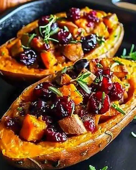 Cranberry apple twice-baked sweet potatoes topped with herbs and spices