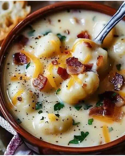Creamy bacon cheddar gnocchi soup in a bowl, garnished with herbs