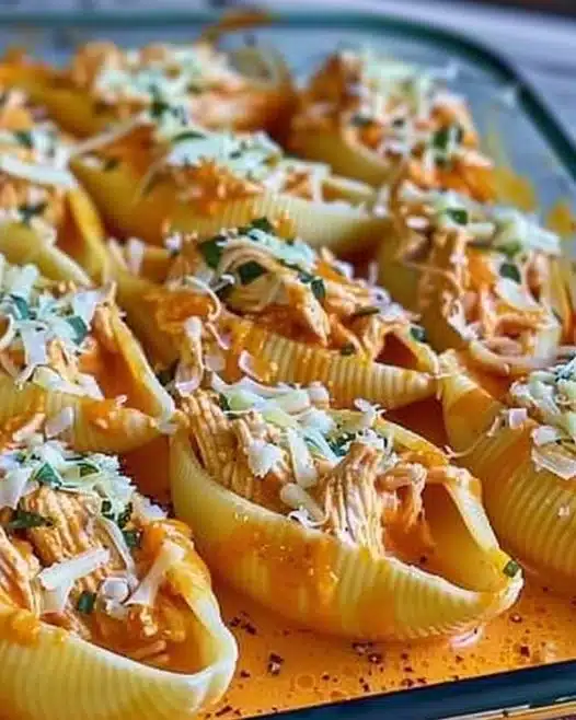 Creamy buffalo chicken stuffed shells ready to serve on a plate