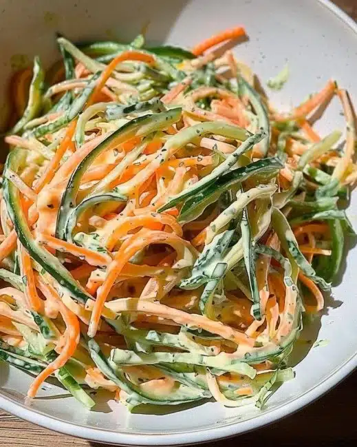 Creamy cucumber and carrot salad served in a bowl with fresh herbs