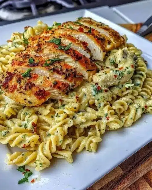 Creamy garlic parmesan chicken pasta served in a stylish bowl