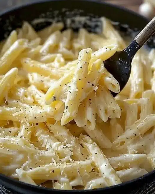 Delicious creamy garlic pasta topped with herbs and parmesan cheese