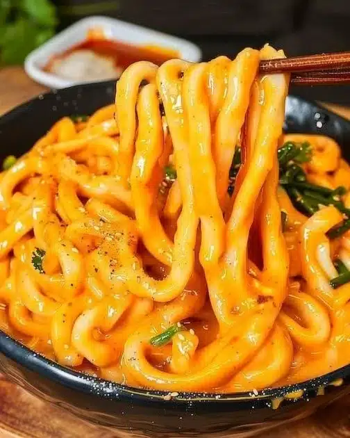 Delicious creamy Gochujang Udon noodles served in a bowl
