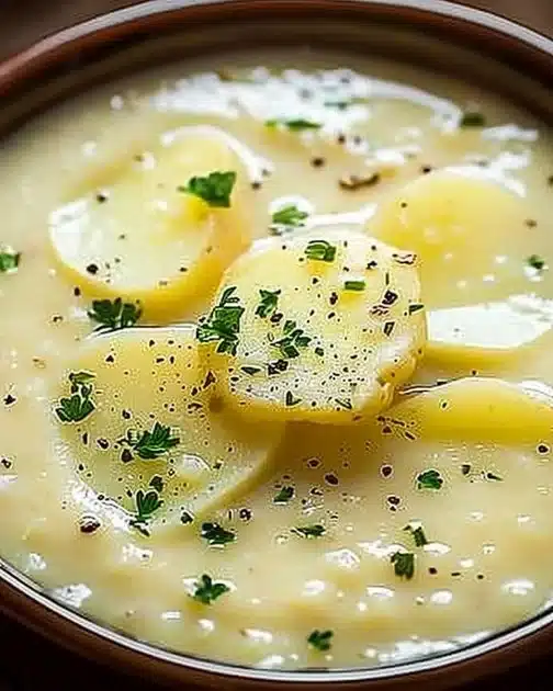 Bowl of creamy potato leek soup garnished with fresh herbs