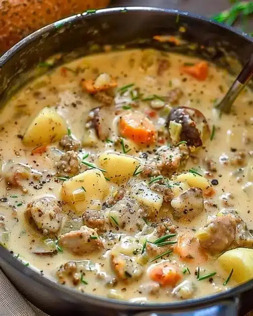 A bowl of creamy potato sausage chowder garnished with herbs