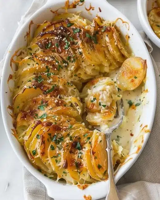 Delicious creamy scalloped potatoes served in a baking dish