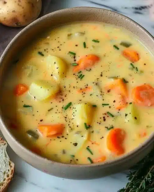 Bowl of creamy vegan carrot potato soup garnished with fresh herbs