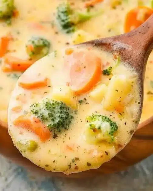 Bowl of creamy vegetable soup garnished with fresh herbs