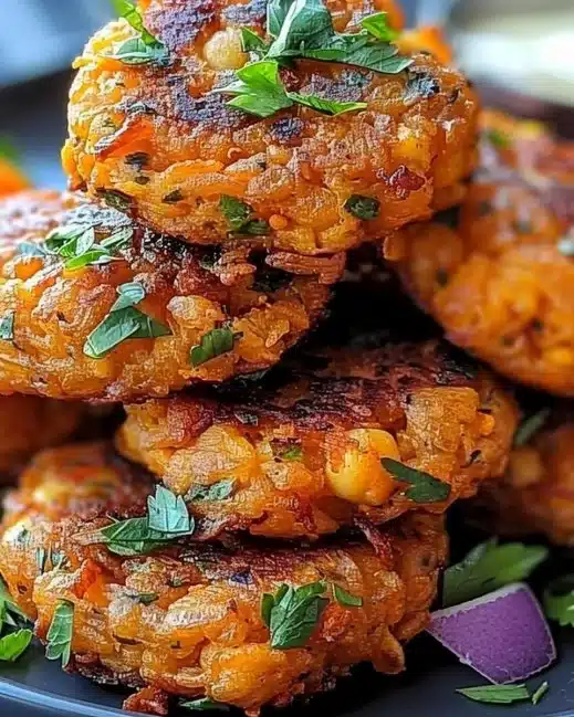 Crispy chickpea and sweet potato fritters served on a plate