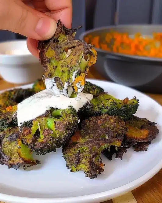 Bowl of crispy smashed broccoli chips, healthy snack alternative