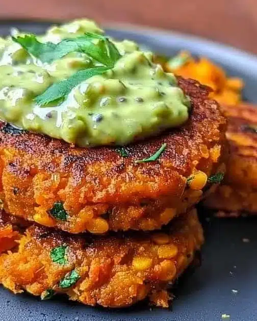 Crispy sweet potato and red lentil patties served on a plate