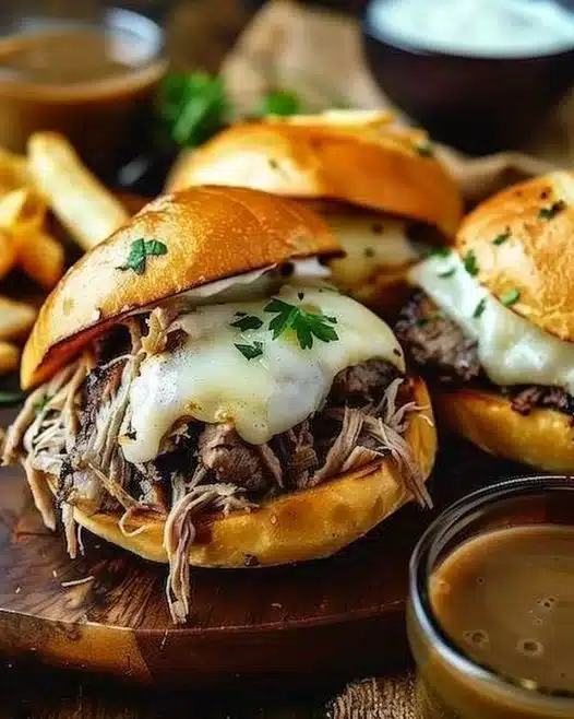 Crock Pot French dip sandwich with melted cheese and beef served on a toasted roll
