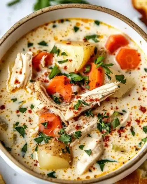Crockpot Creamy Chicken and Potato Soup in a bowl with fresh herbs