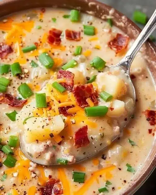 Creamy crockpot potato soup served in a bowl with toppings.