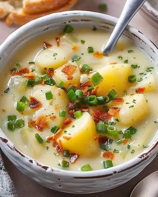 Crockpot Potato Soup in a bowl topped with chives and cheese