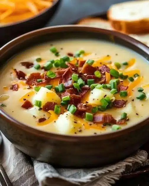 Delicious bowl of homemade crockpot potato soup, garnished with green onions.