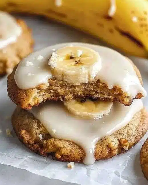 Crumbl banana bread cookies with cream cheese glaze on a plate