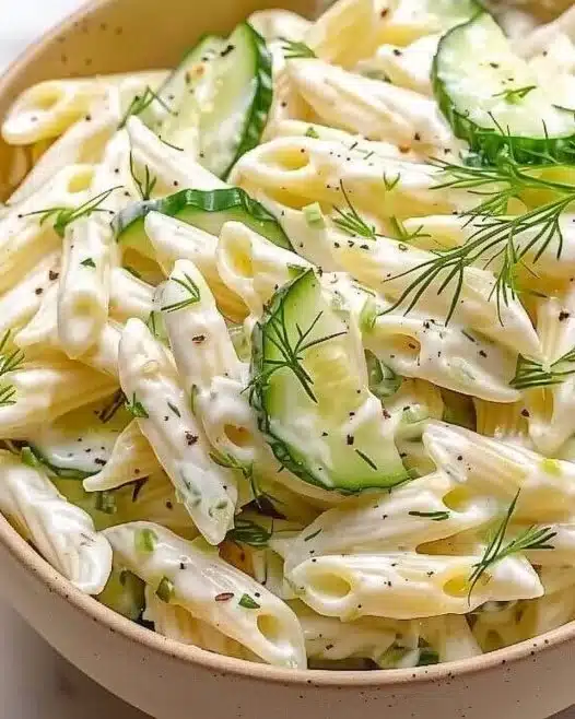 Bowl of refreshing cucumber pasta salad with vegetables and dressing