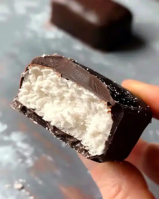Dark Chocolate Bounty Bars with coconut filling and chocolate coating.