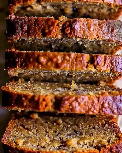 Slice of deliciously moist banana bread on a wooden table