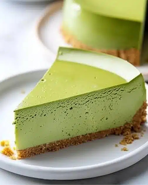 Slice of creamy matcha cheesecake with vibrant green tea flavor