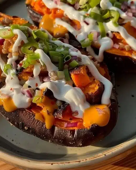 Delicious double baked loaded sweet potatoes topped with cheese and toppings.