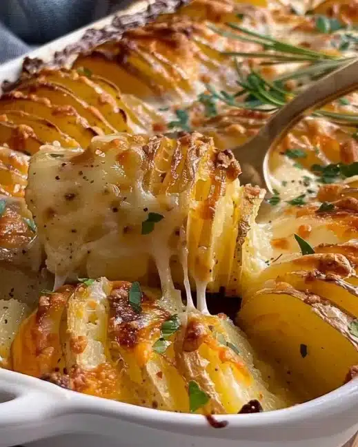 Creamy easy cheesy scalloped potatoes with cheese and herbs in a baking dish.