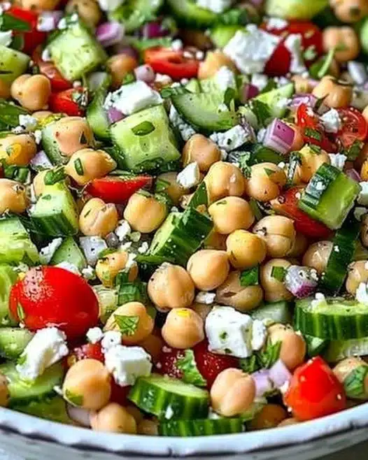 Chickpea cucumber salad with feta cheese and fresh tomatoes