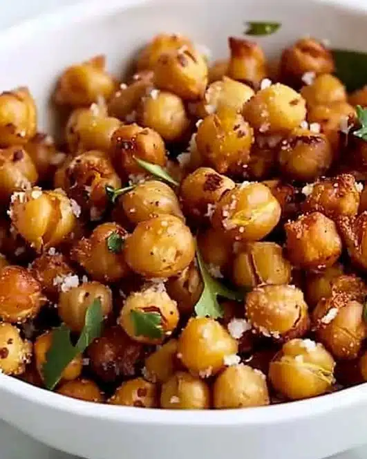 Crispy oven roasted chickpeas on a baking sheet