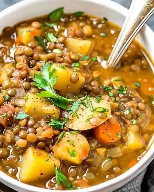Bowl of easy lentil potato soup with fresh herbs and bread on the side.