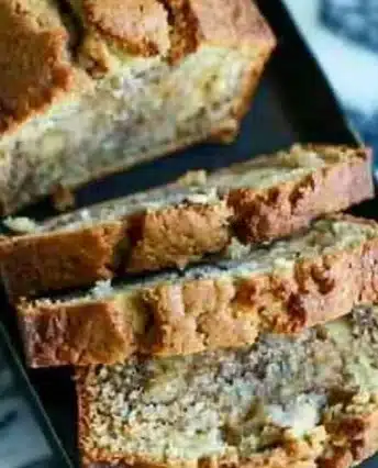 Loaf of easy moist banana bread made with sour cream