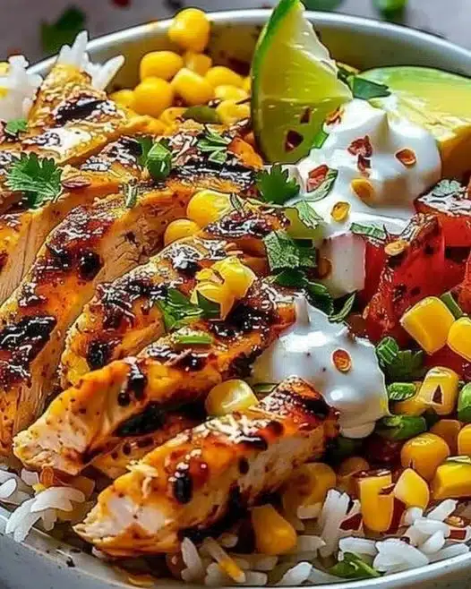 Delicious corn chicken rice bowl garnished with vibrant toppings