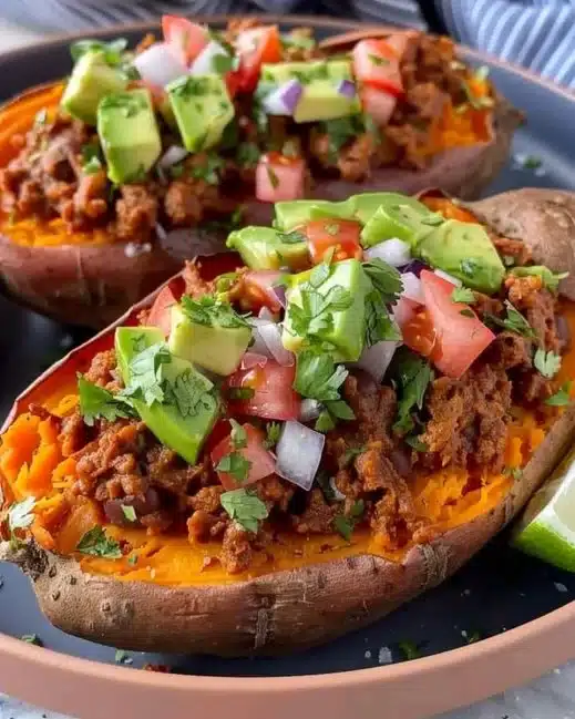 Taco stuffed sweet potatoes topped with fresh ingredients and served on a plate