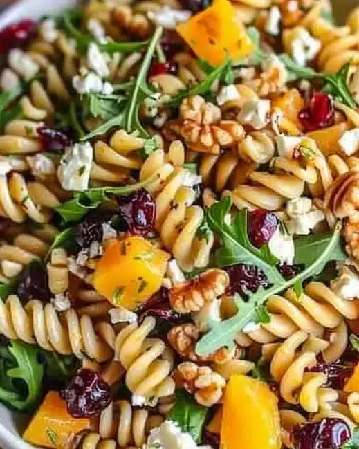 Fall Harvest Pasta Salad with fresh vegetables and pasta served in a bowl