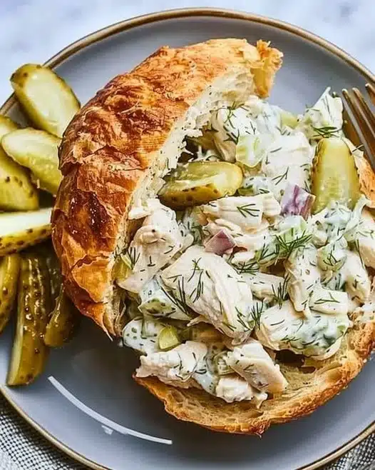 Delicious dill pickle chicken salad served in a bowl