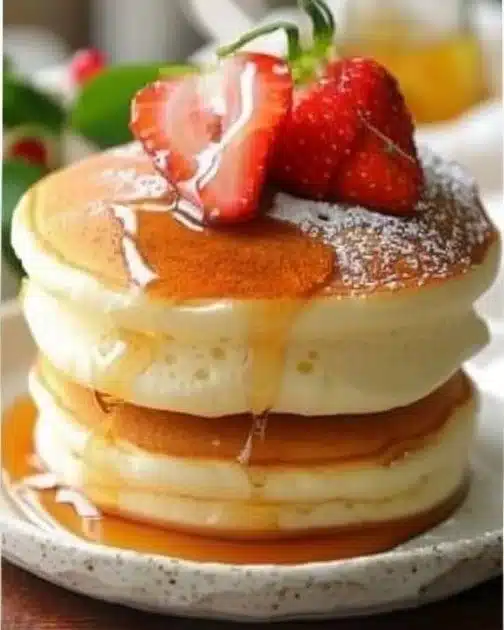 Fluffy Japanese Soufflé Pancakes served with maple syrup and berries