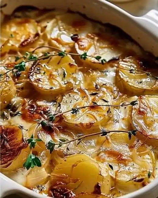Delicious French Onion Potato Bake topped with melted cheese and herbs