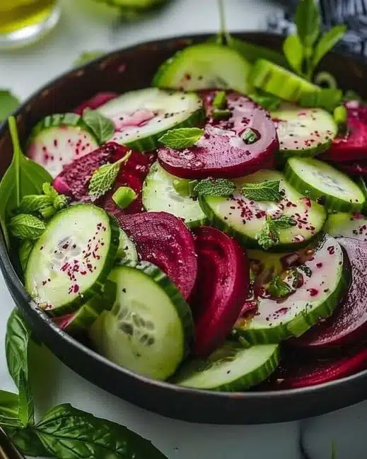 Fresh cucumber and beet salad in a bowl, vibrant and healthy dish