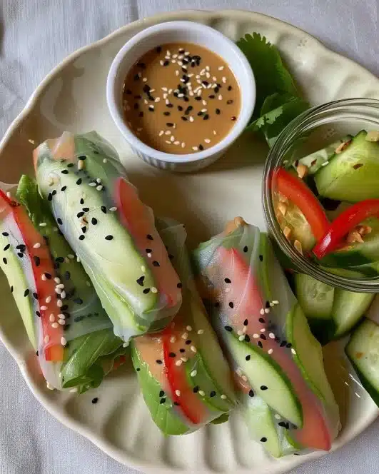 Fresh spring rolls with colorful vegetables and peanut sauce for dipping
