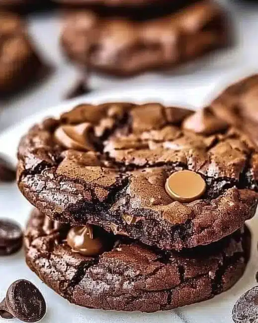 Delicious fudgy brownie cookies stacked on a plate, showing their rich chocolate texture.