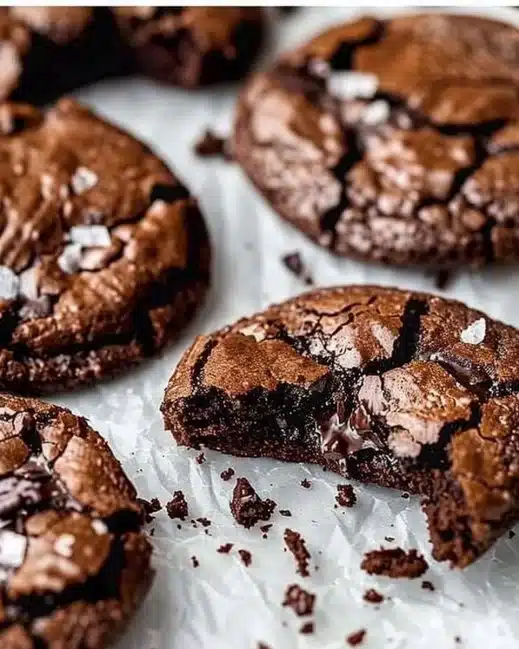 Fudgy chewy brookies on a wooden plate with chocolate drizzle