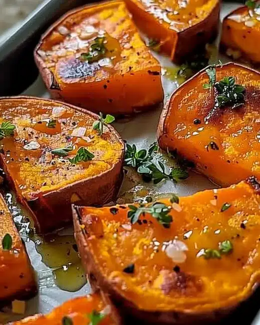 Plate of garlic butter roasted sweet potatoes garnished with herbs