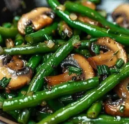 Garlic butter sautéed green beans with mushrooms served on a plate.