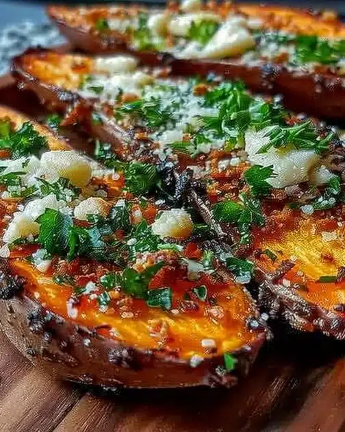Crispy Garlic Parmesan Sweet Potato Wedges topped with herbs and garlic