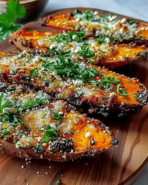 Garlic Parmesan Sweet Potato Wedges on a plate with herbs